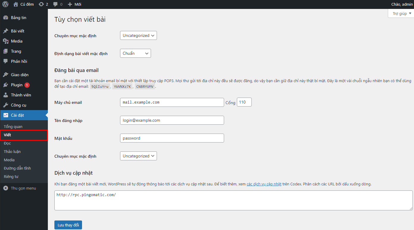 cài đặt trên website WordPress