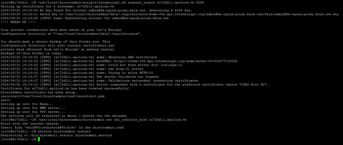 Kết Quả Chạy Lệnh Cài đặt Ssl Cho Hostname Trên Directadmin